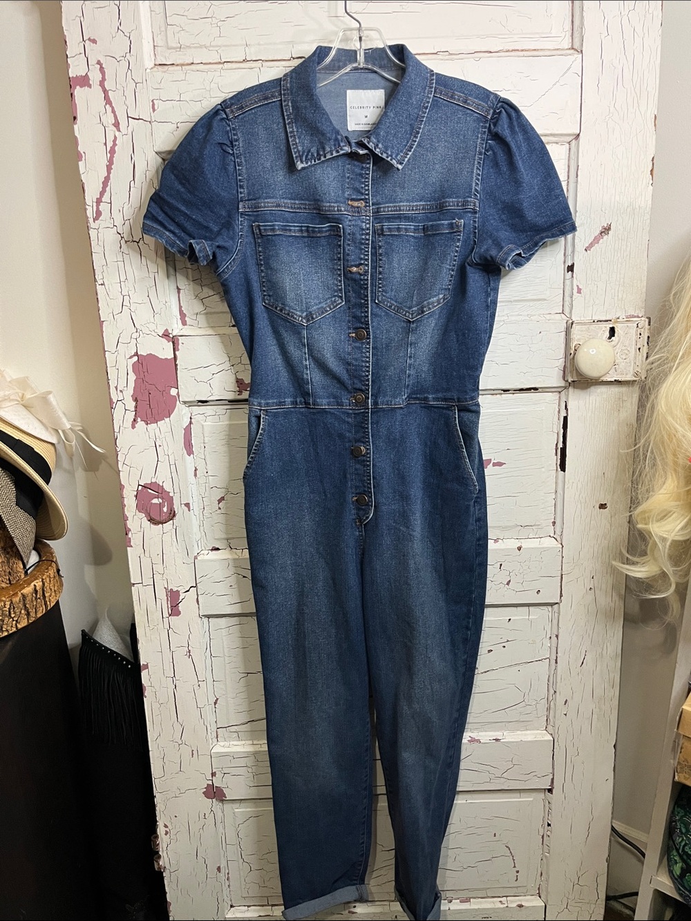 Celebrity Pink Short-Sleeve Denim Jumpsuit - Blue Sz Med Elastic Waist Cotton